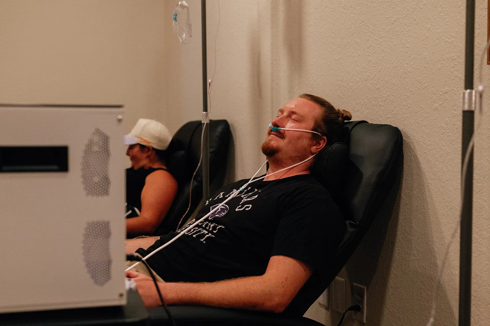 Client during a molecular hydrogen inhalation session at OutRecover